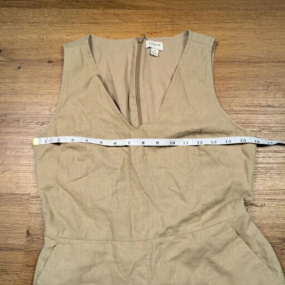J. Crew V NEck Jumpsuit Women Size 4 Beige Linen Blend Wide Leg Cottagecore